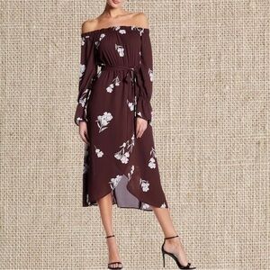 Off the shoulder flora wrap tie dress